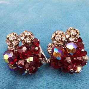 Vendome Clip on Red Aurora Borealis Earrings